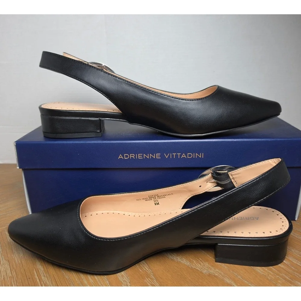 Adrienne Vittadini Papina Black Slingback Pointed Toe Block Heel Pumps Womens 8M